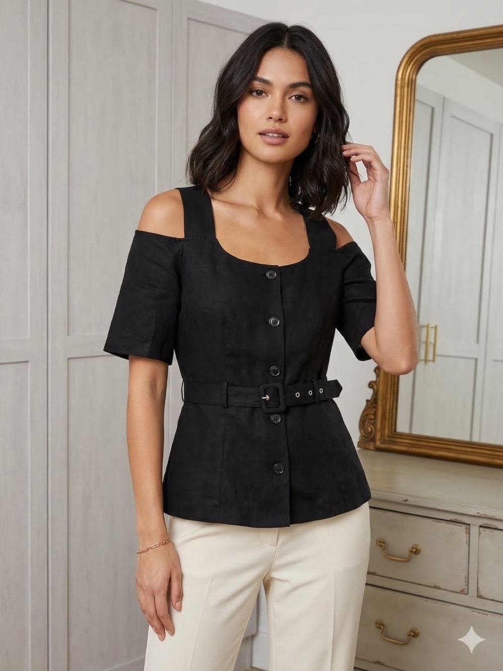 7 for all mankind Short Sleeve Buttoned Top with Belt - Picture 4 of 4